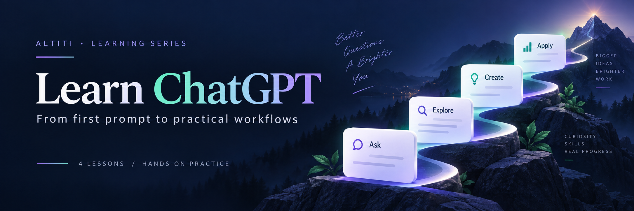 Learn ChatGPT — from first prompt to practical workflows. Four lessons with hands-on practice.